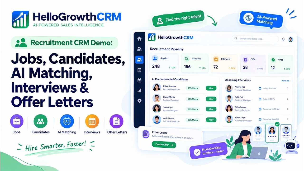 Recruitment CRM Demo: Jobs, Candidates, AI Matching, Interviews & Offer Letters (Hindi) (video lesson)