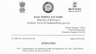 Rail Wheel Factory Apprentice Recruitment 2025-26 | RWF रेलवे भर्ती 10th+ITI पास
