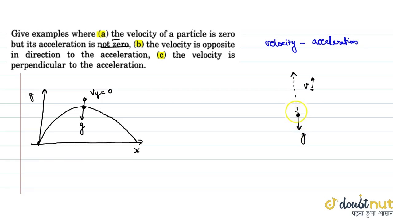 Give examples where a. the velocity of a particle is zero