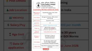 Coal India MT 2026 🔥 660 Vacancies | Salary ₹1.8 Lakh | No Interview Job 😳 #jobtalks4u #shorts