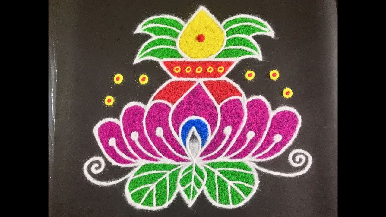 Simple Lotus Flower Rangoli Design with Beautiful Colours & Dots 9x5