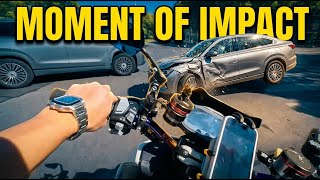 Dashcam captures motorcycle collision at intersection in Jiangsu, China