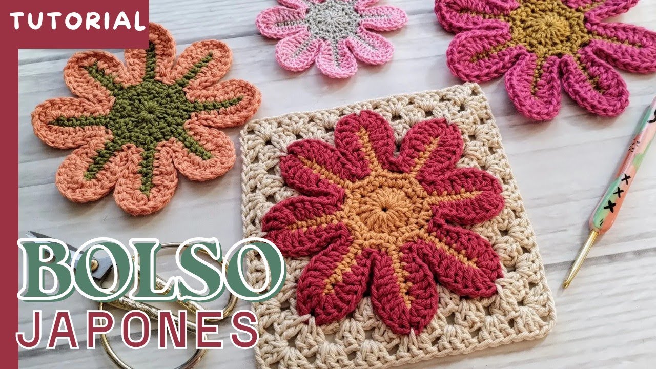 BOLSO JAPONES con GRANNY FLOR en relieve  🌸 Tutorial paso a paso, súper explicado 🙌🏻✨