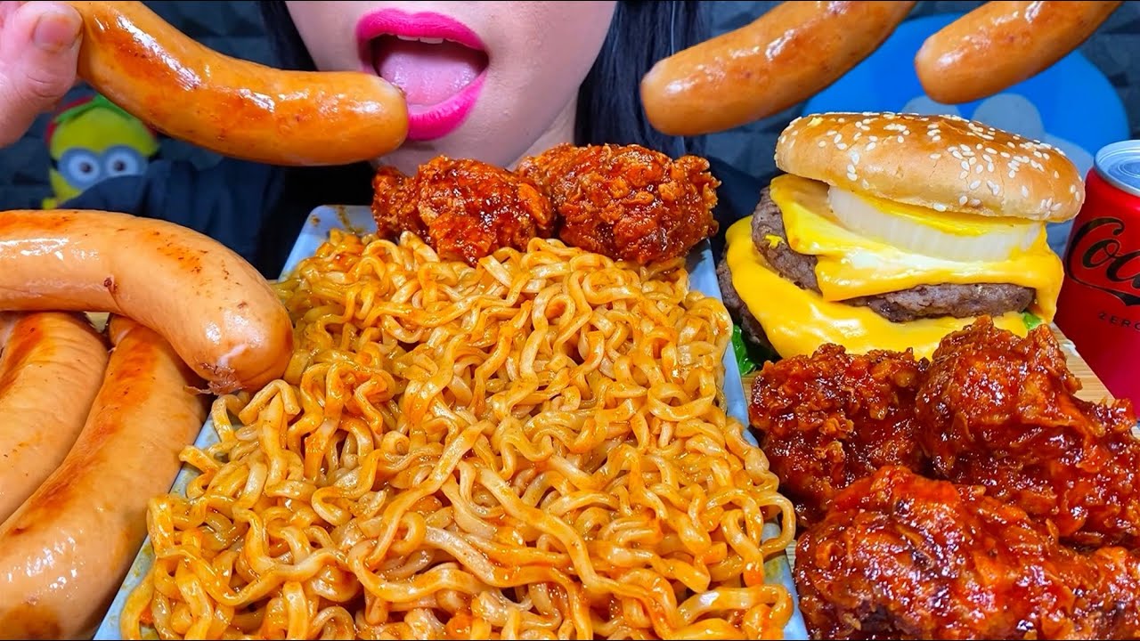 ASMR SPICY NOODLES, DOUBLE CHEESEBURGER, SPICY FRIED CHICKEN, SAUSAGES MASSIVE Eating Sounds
