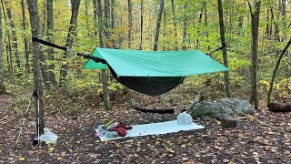 Hammock Camping On The Trail. Breaking Camp In Rain.