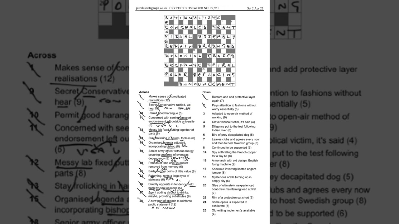 Daily telegraph prize crossword 29951 answers and walkthrough Sat 2nd april  2022.mp4