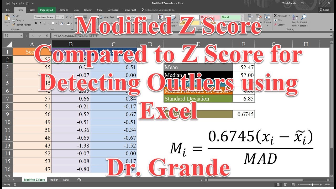 Modified Z Score Compared to Z Score for Detecting Outliers using Excel