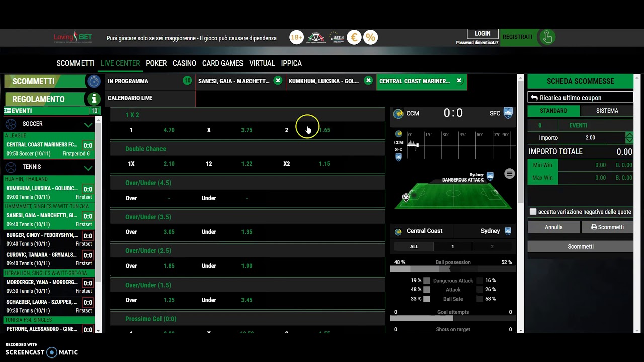 Schermata dell interfaccia Lovingbet su mobile