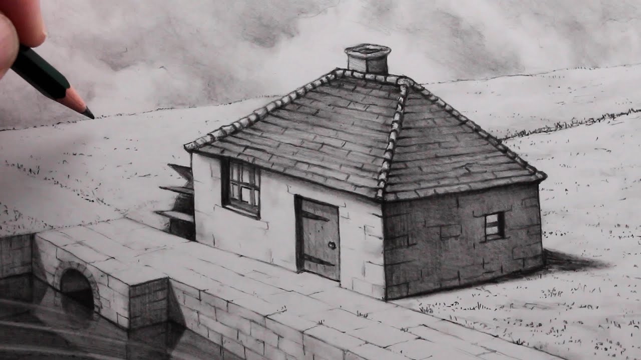 How to Draw a Simple House in a Realistic Landscape Pencil Drawing ...