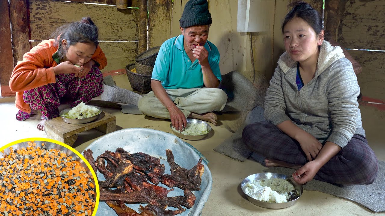 Lentils & Buff Dry meat mix Recipe With Rice Eating in Village Kitchen || Nepali Village Food Vlog