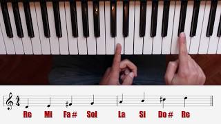 Video thumbnail of "Como tocar la escala de Re Mayor en piano. Dedos de la mano izquierda y derecha. Curso de piano 18"