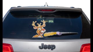 Rear Car Window Windshield Animated Moving Wiper Blade Decal Tag - Red Nose Reindeer