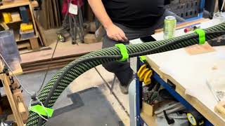 Vacuum hose hanger for sanding woodworking projects
The vacuum hose tends to pull on the sander pretty hard, particularly with taller projects like this. Here I solve it cheaply with some stainless steel braided wire, which I have around the shop for a lot of uses. Another is to tie the dust collection parts together to prevent static build-up. Vacuum hose hanger for sanding woodworking projects