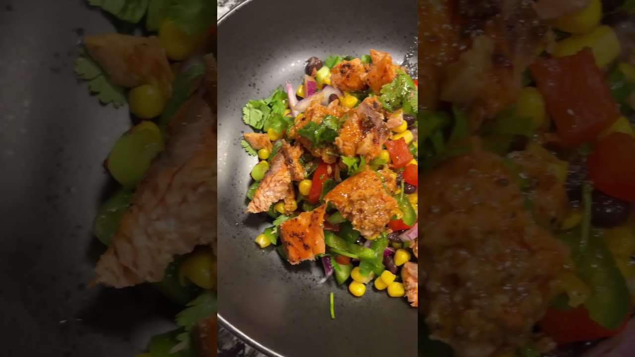 15 Minute High Protein Meal Prep Sweet Corn Salad with Pan Seared Salmon Recipe in comments