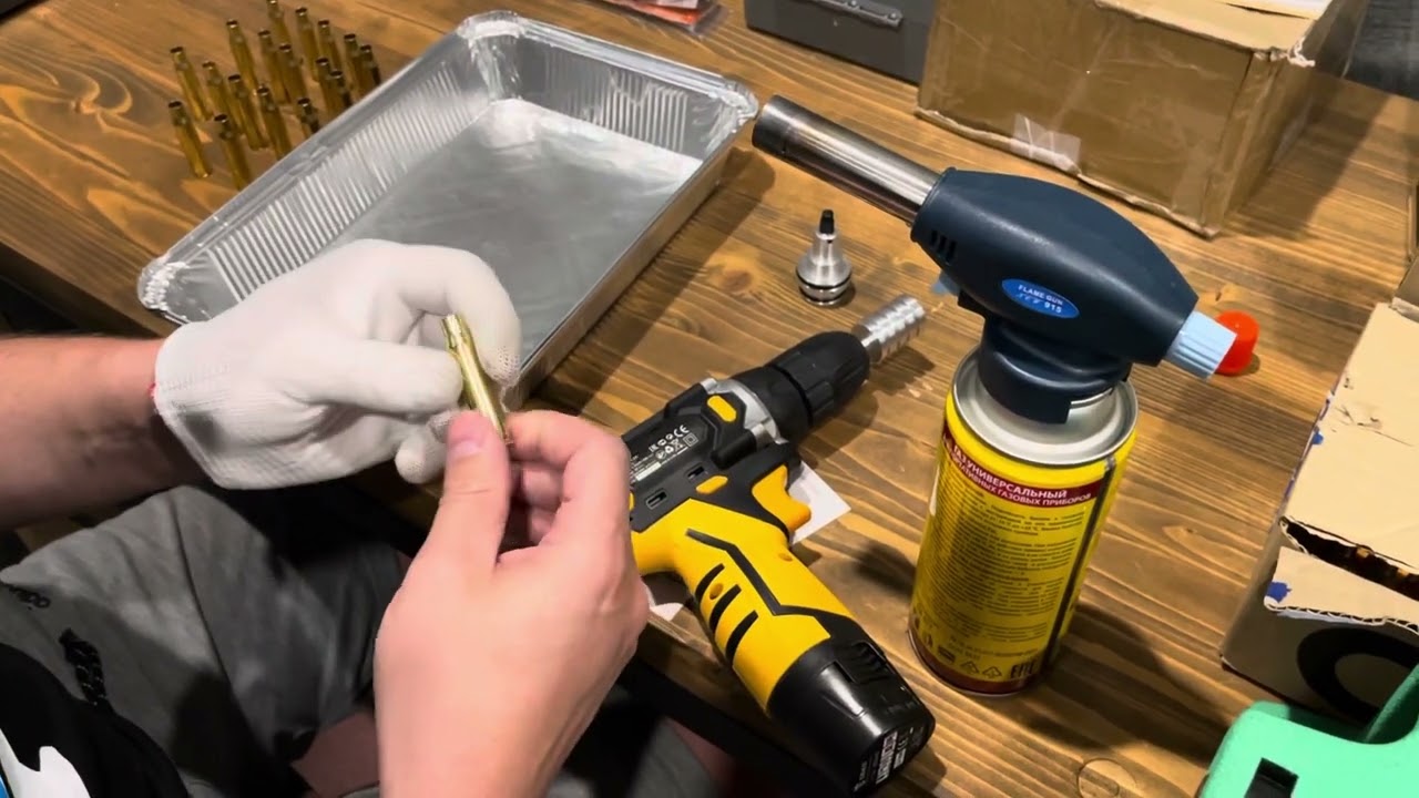 Отжиг гильз 308 win на газовой горелке с помощью держателя гильз-радиатора (в шуруповерт)