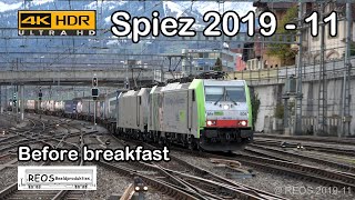 2019-11-14 [4K] Bahnhof Spiez before breakfast 2 - mix of BLS &amp; SBB passenger &amp; freight at dawn