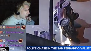 xQc Shocked by Live Police Chase Ending after Suspect Flips his Car after Crashing
