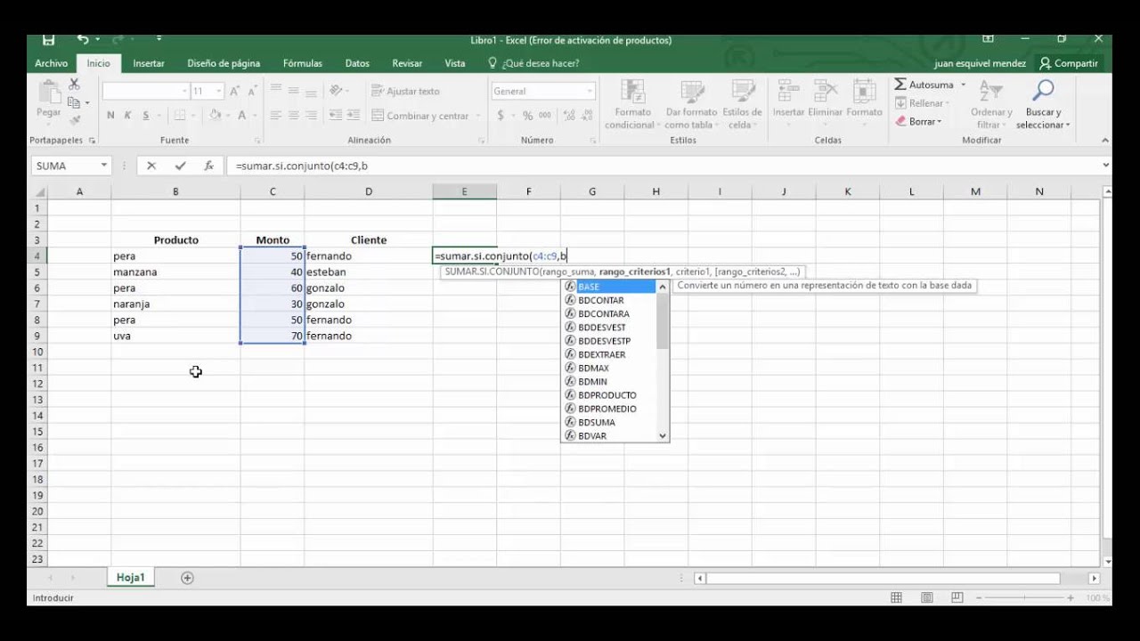 Microsoft Excel 2016 - Sumar.si.conjunto - YouTube