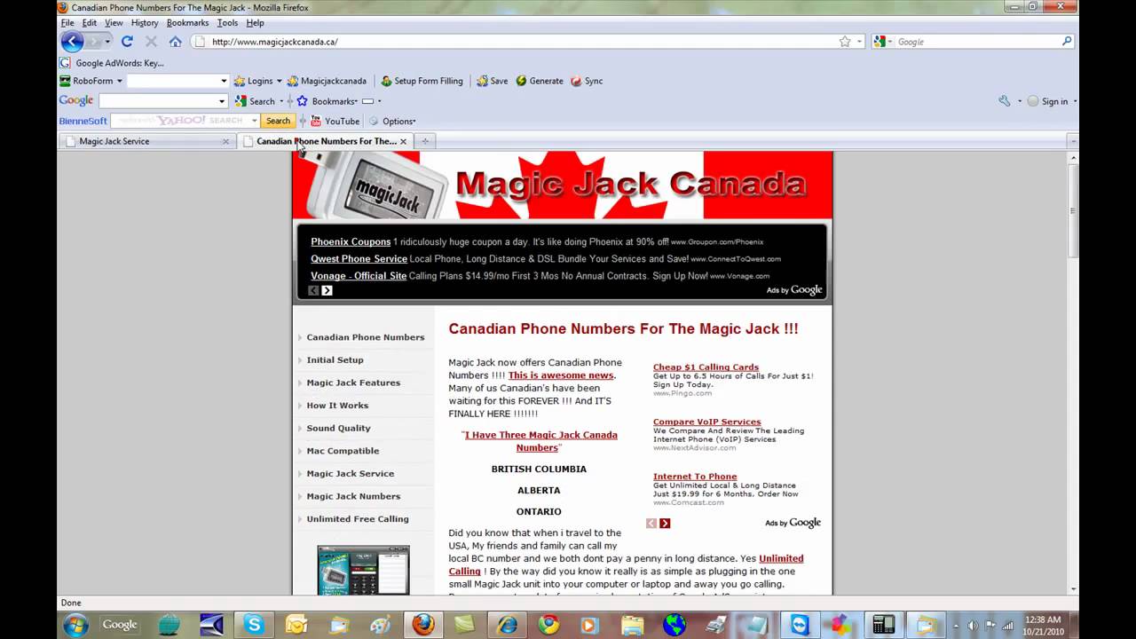 Magic jack Area Codes