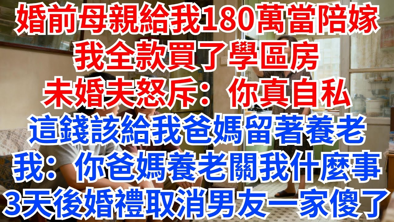 婚前母親給我180萬當陪嫁，我全款買了學區房，未婚夫怒斥：你真自私，這錢該給我爸媽留著養老！我笑了：你爸媽養老關我什麽事？3天後婚禮取消男友一家傻了！#情感故事 #故事分享 #家族恩怨 #家庭矛盾