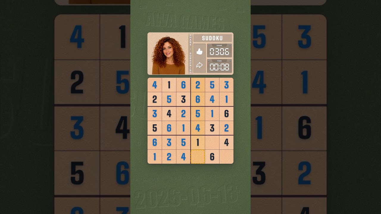 LinkedIn Mini Sudoku #306 solved board for June 13, 2026, 6x6 grid