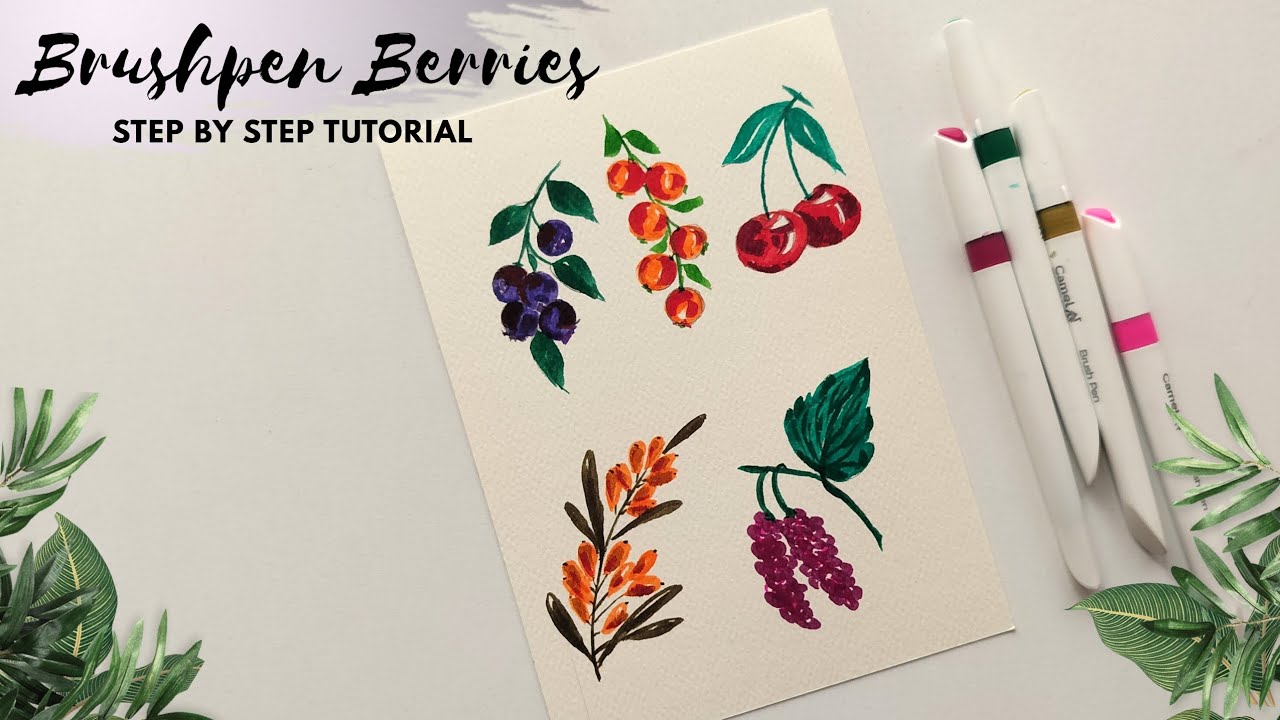 How to paint berries. Brushpen berries doodles. Step by step tutorial ...