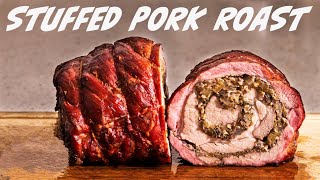 SMOKED PORK ROAST - how to stuff a pork roast and smoke it  in an offset smoker  .....