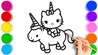 HELLO KITTY RIDING UNICORN 🦄 Easy and Cute drawing easy with colours