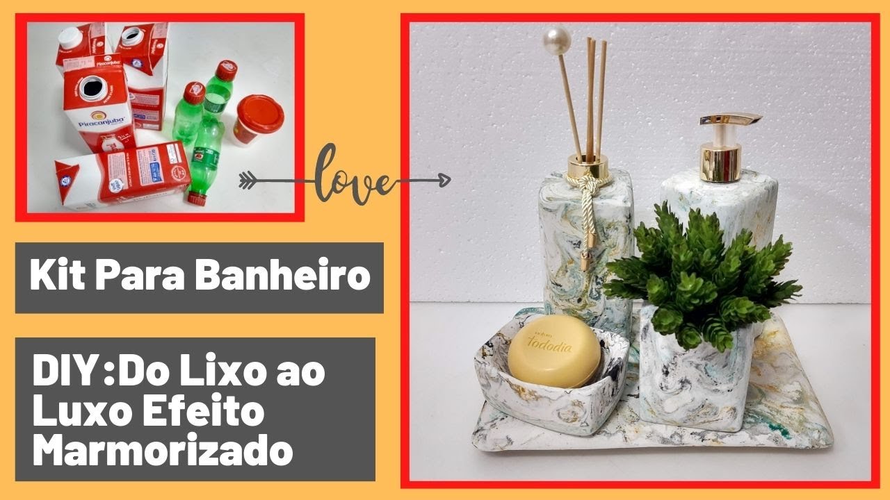 DIY: Como Fazer kit para Banheiro feito de Cimento e Gesso Lindo com Efeito Marmorizado