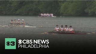 Rowing along the Schuylkill River at the 97th Stotesbury Cup Regatta
