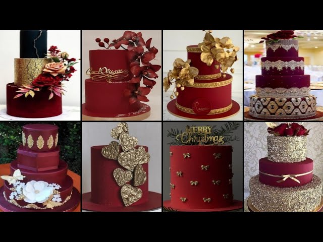 50 Beautiful Wedding Cakes in 2022 : Burgundy Cake with Cascading Blooms