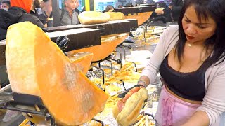 France Street Food. Waterfall of Raclette Melted Cheese & Ham for Sandiwches. Street Food in Italy