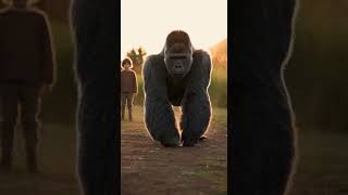 Colossal gorilla and young boy face to face in misty forest, god rays through trees, emotional