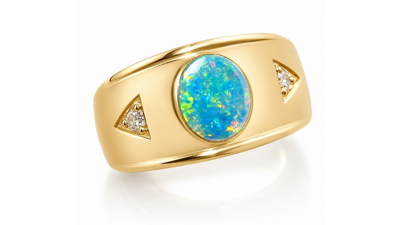 Mens Opal Ring in 14k Gold with Two Diamonds | FlashOpal
