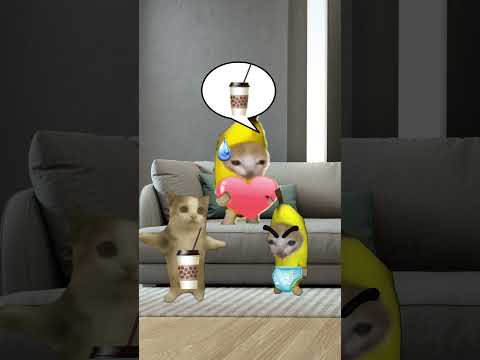Banana cat shares coffee cup & baby banana cat angry