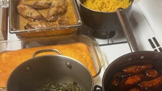 Greens, yams, yellow rice, turnkey wings &amp; Corn bread