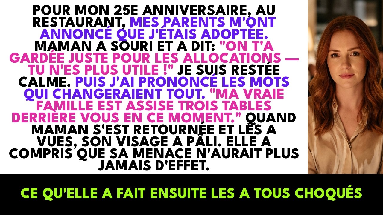 Le soir de mes 36 ans, mes parents m'ont emmenée dîner pour m'annoncer que j'étais adoptée. Ma mère a souri en disant : « Nous ne t'avons gardée que pour les avantages. » Mon père a fait glisser...