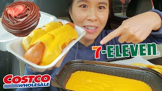 ASMR 7 ELEVEN CHILI CHEESE HOT DOG + NACHOS &amp; COSTCO VALENTINE&#39;S CHOCOLATE CAKE CAR MUKBANG Rossikle