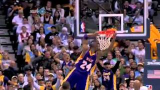 Kobe Bryant drives Chauncy BIllups for the huge two handed dunk vs Denver Nuggets