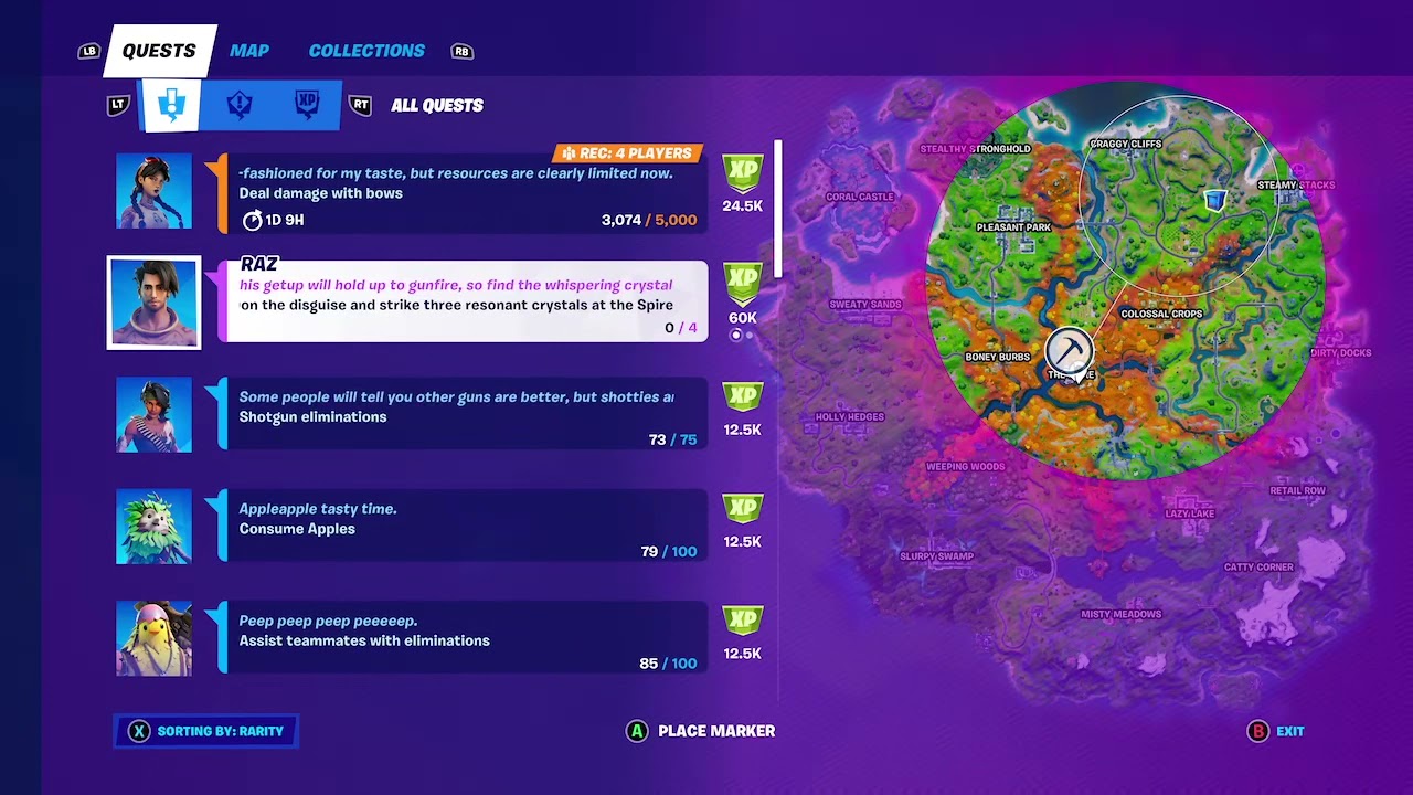 Don the disguise and strike three resonant crystals at the Spire Raz epic challenge quest Fortnite