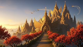 Explore Dawn Phoenix Sanctuaries: Golden Sunrise Halls with Flowering Flame Trees | 4K Majesty screenshot 4