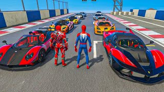 Spider man and avengers vs power rangers carreras desafío |hombre araña con super coches de carreras