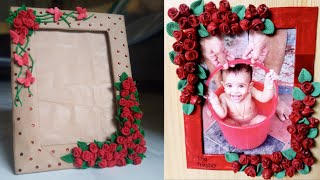 Easy Photo Frame using clay| 3D Rose frame wall decor| 2 flower decorated photo frame craft Ideas