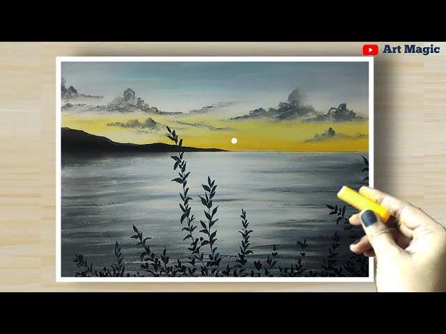 Drawing Sunset Riverside landscape with oil pastel Swanee art step by step