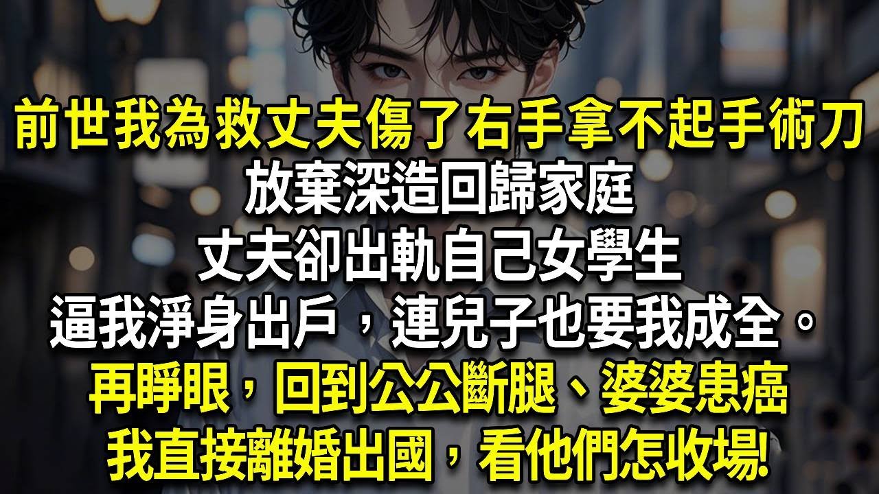 再睜眼，回到公公斷腿、婆婆患癌，兒子剛上小一，我直接離婚出國，看他們怎收場!前世，我為救丈夫傷了右手，拿不起手術刀，放棄深造回歸家庭，丈夫卻出軌自己的女學生，逼我淨身出戶，連兒子也要我成全。