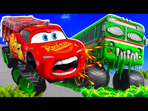 Big & Small:McQueen HERO and Mater vs MONSTER BUS ZOMBIE SLIME Trailer cars in BeamNG.drive