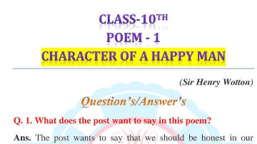 Character of a Happy Man poem question answer |Class 10th |English| Pseb