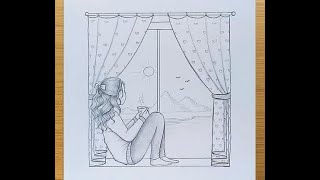 How To Draw A Girl Sitting Beside The Window Ll Pencil Sketch Ll Girl Drawing