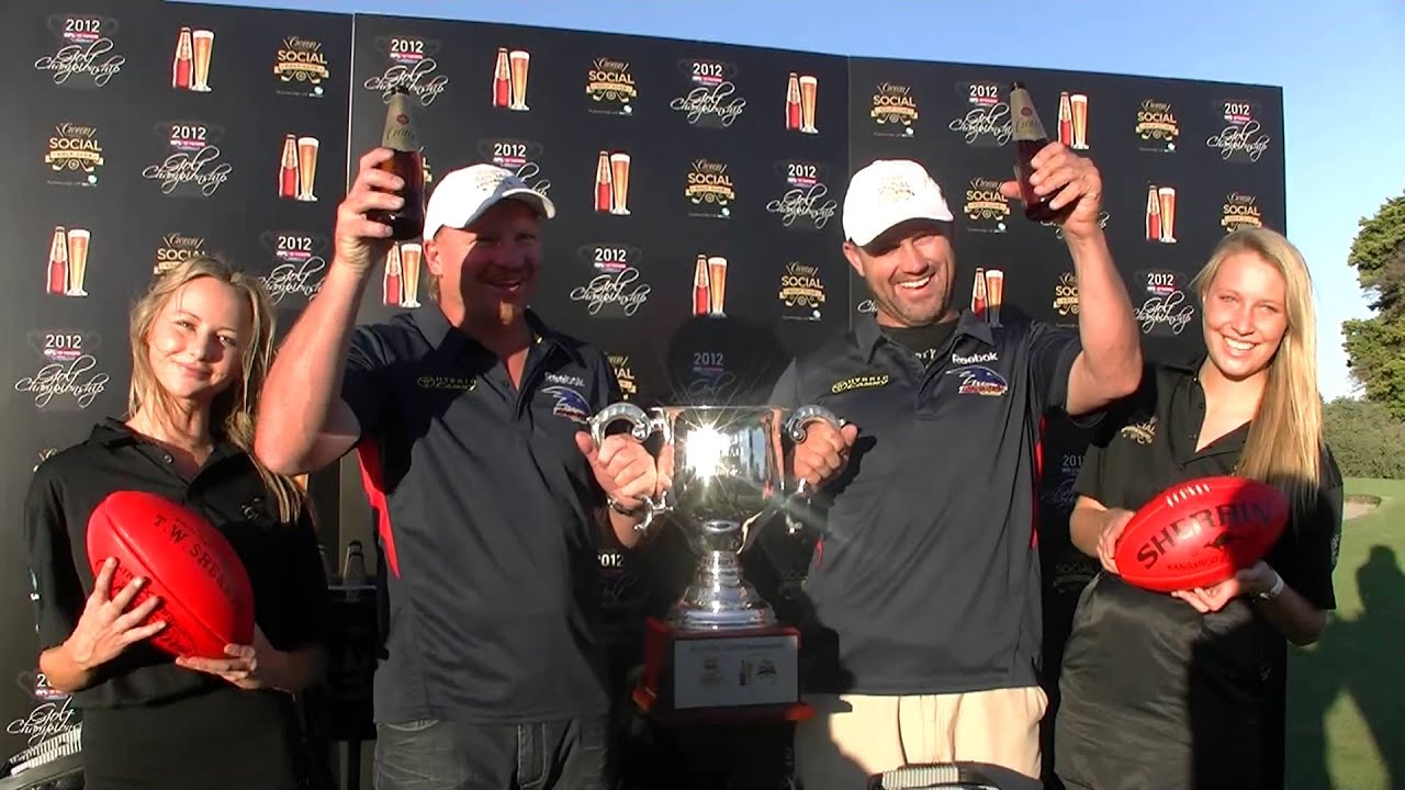 Adelaide Crow's Tony Modra & Wayne Weidemann celebrate at the Golf Australia social golf day