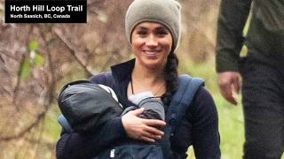 A happy Meghan Markle walks her dogs with son Archie in a baby carrier